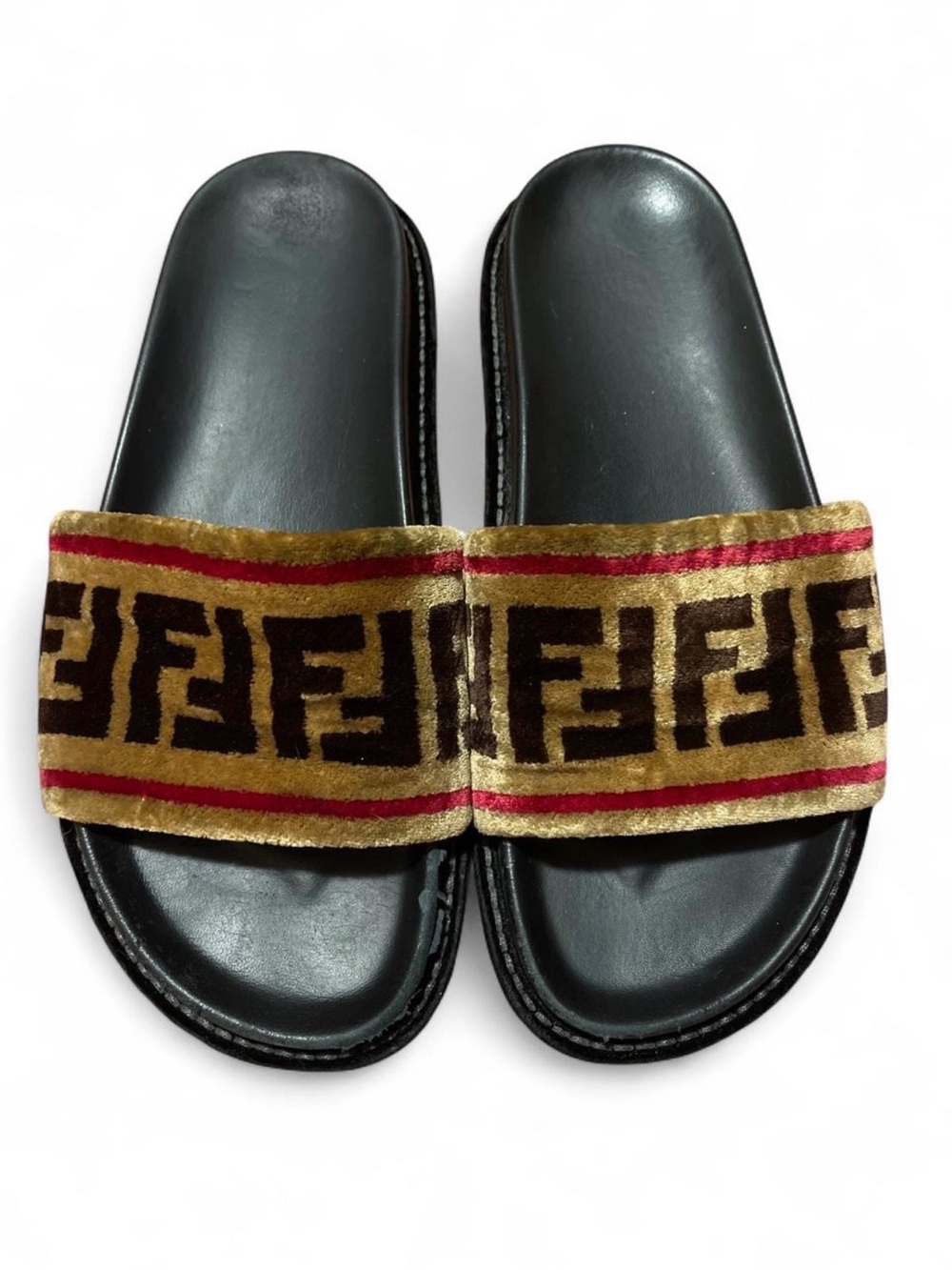 Fendi Velvet FF Logo Zucca Slides Black Sandals 38